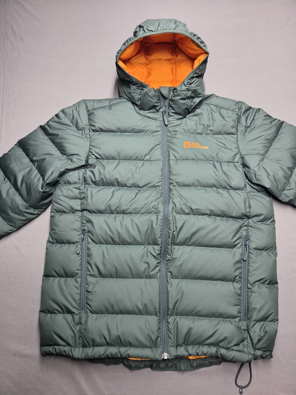 Jack Wolfskin Men's Sage Green Puffer Jacket with Orange Lining